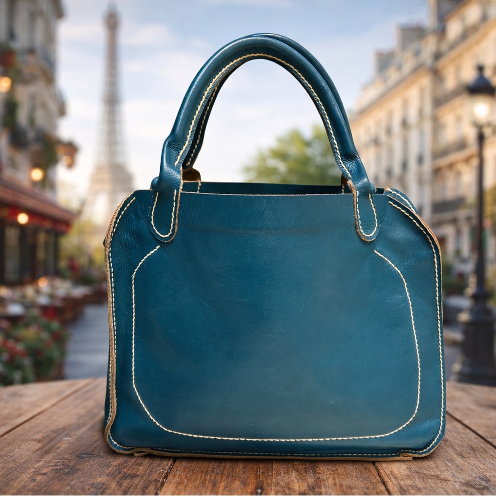 French Artisan Handcrafted Leather Satchel Turquoise Blue Top Handle Bag - Picture 7 of 12